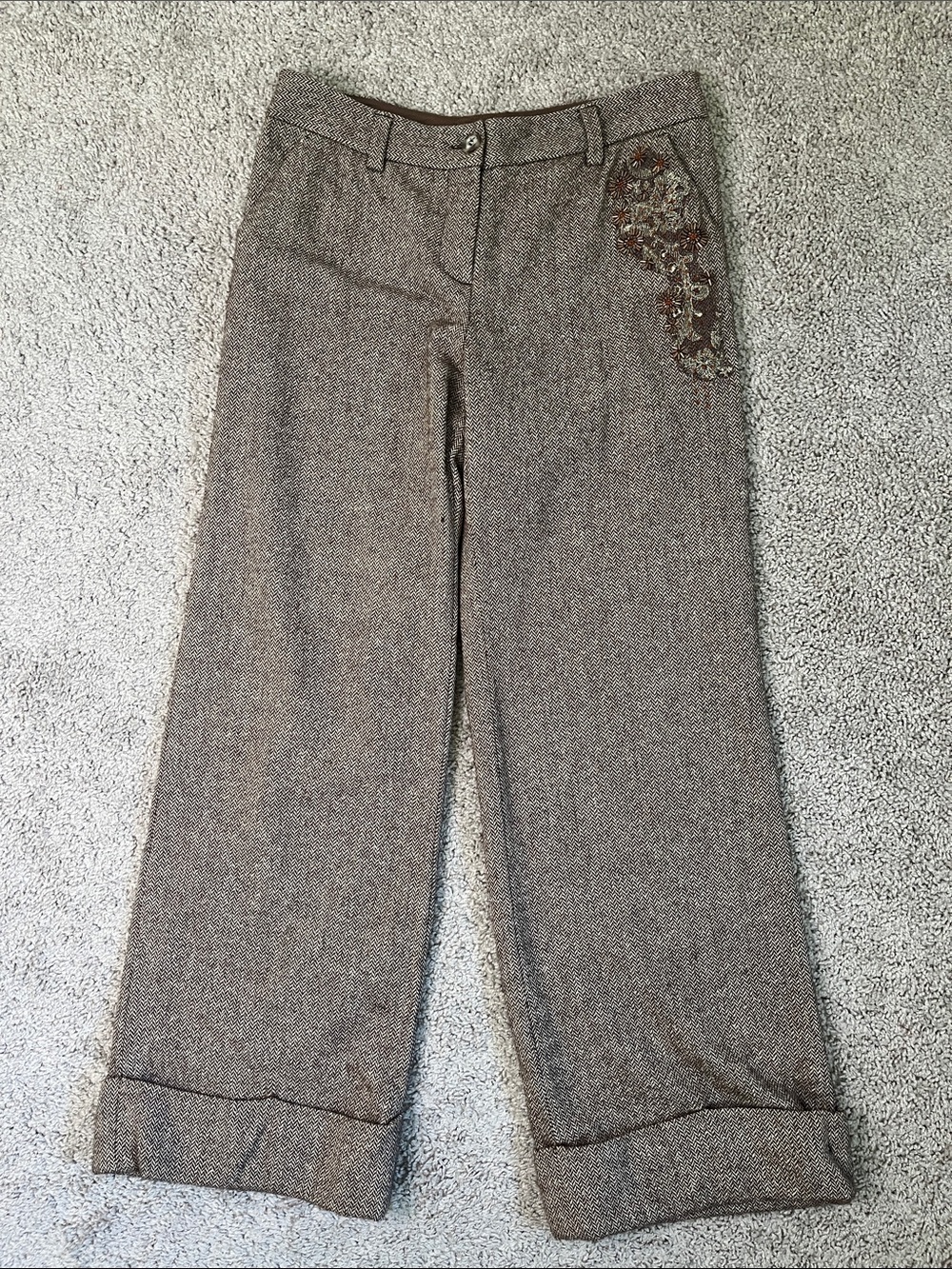 Anthropologie Elevenses Brown Herringbone Wool Silk Wide-Leg Pants Beaded Sz 6